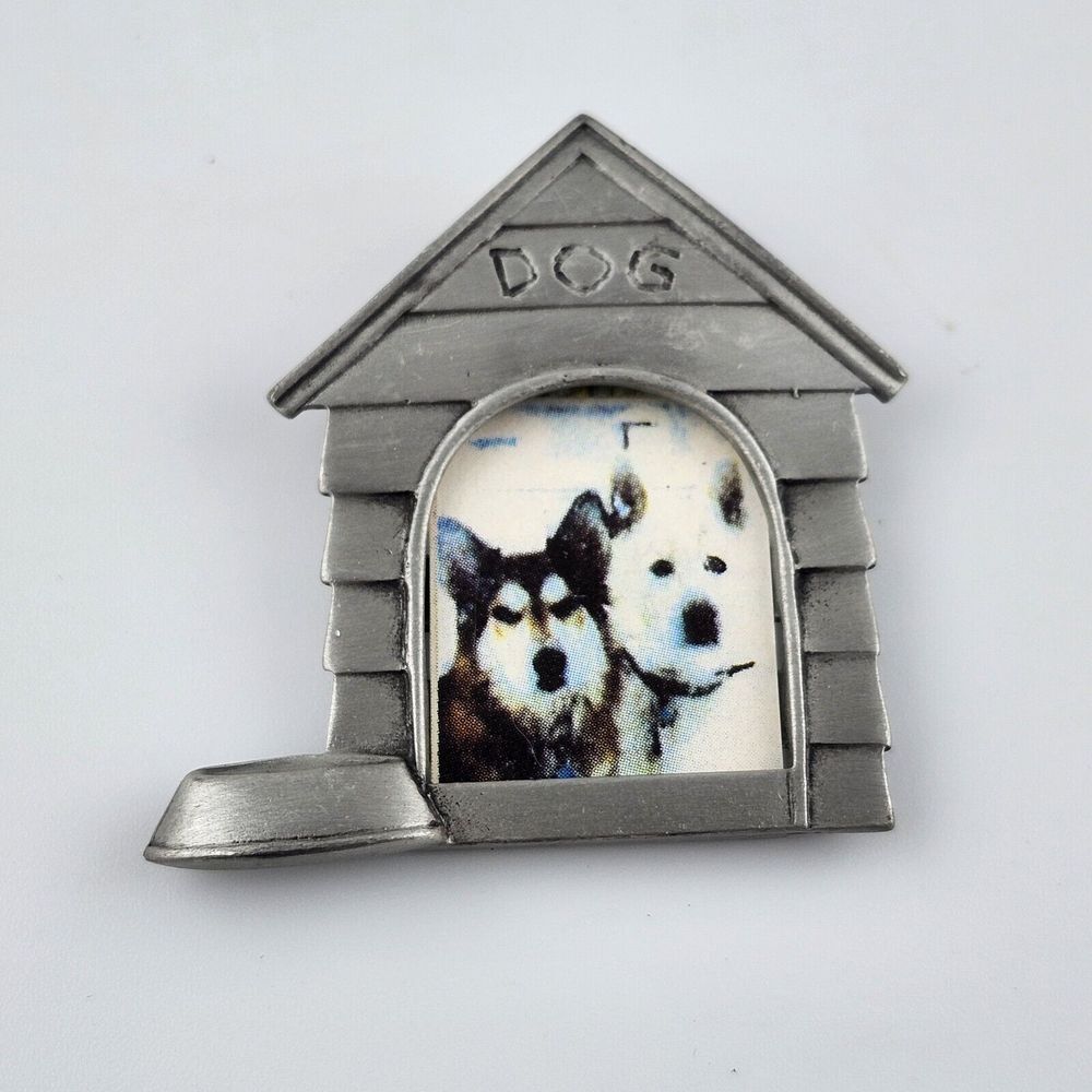 Vintage signed JJ Dog House & food bowl Picture Frame Brooch Pin gold tone 1.75"